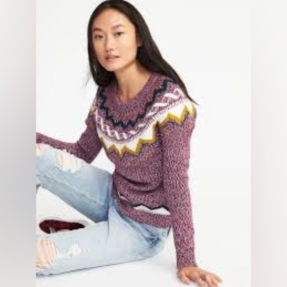 Old Navy Classic Fair Isle Purple Crew Neck Sweater Cotton Blend Size Small - Picture 3 of 10